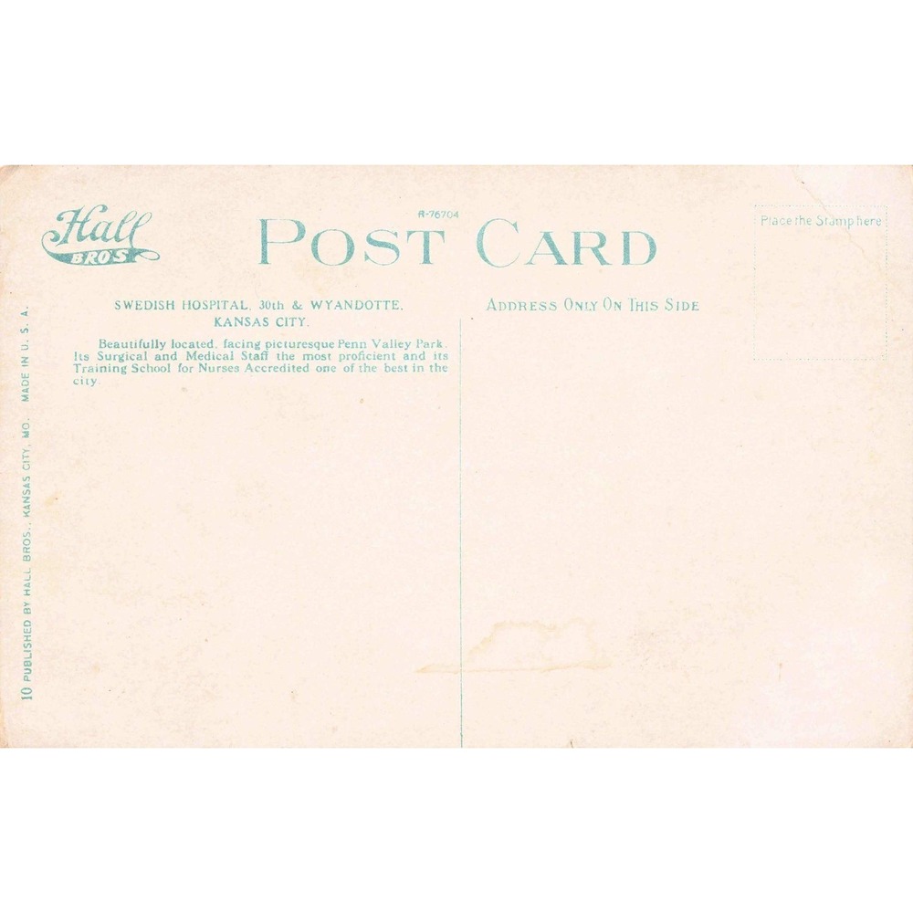 Vtg Swedish Hospital Kansas City MO Linen Postcard Hall Bros 30th Wyandotte - Picture 2 of 2